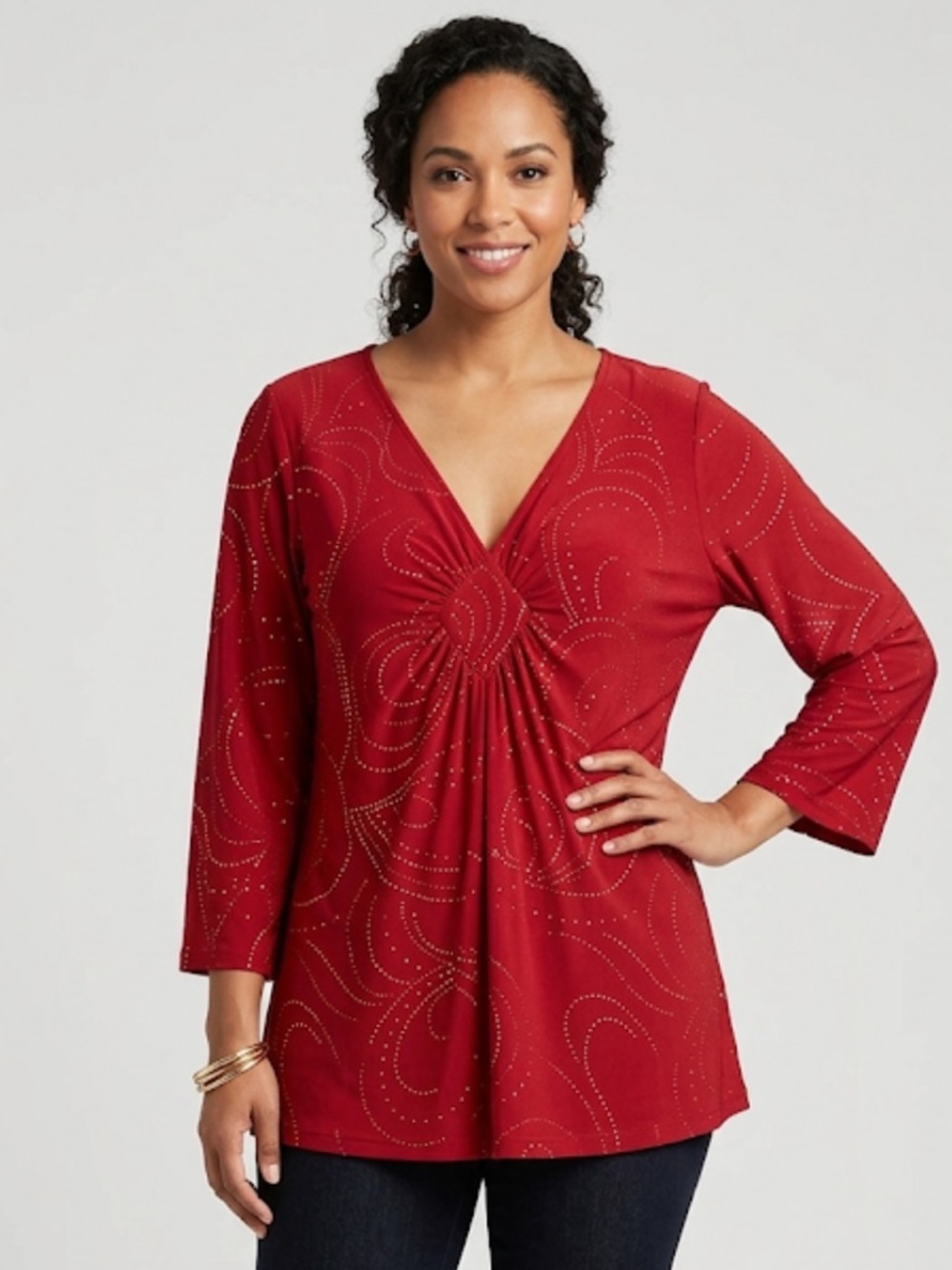 Jaclyn Smith Red V-Neck Twist-Front Tunic with Gold Dot Swirl